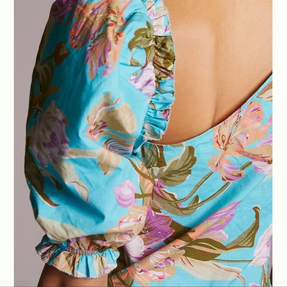 Anthropologie Floral Puff Sleeved Stylish Crop Top - Picture 4 of 5